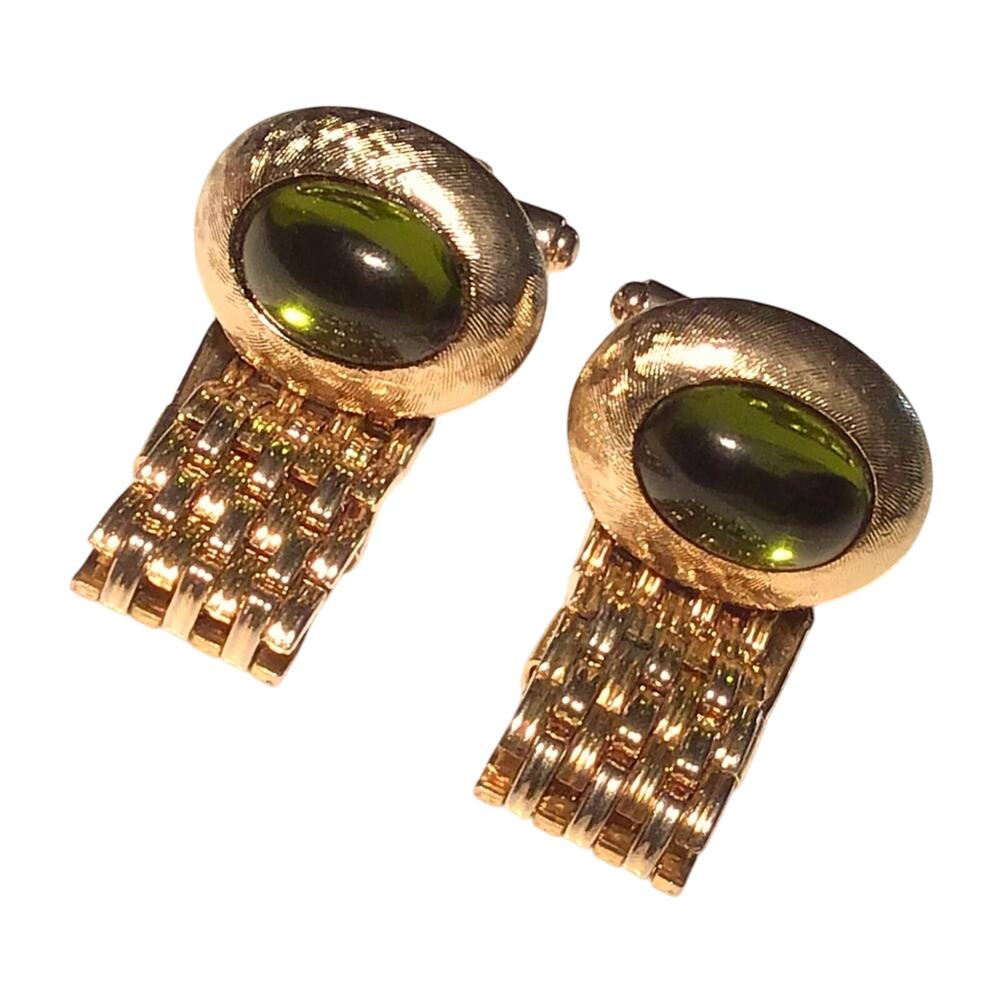 Hickok Mens Gold Cufflinks Green Cabochon Mesh Chain Wrap Around Vintage